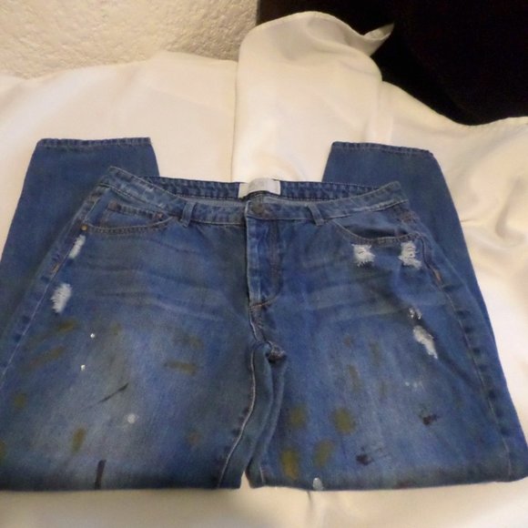 Rachel Roy Paint Splatter Button Front Distressed Girlfriend Denim Jeans Sz 31 - Picture 2 of 6